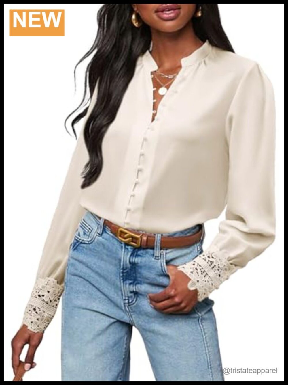 Chiffon Lace Cuff Blouse Long Sleeve Button Down Business Shirt